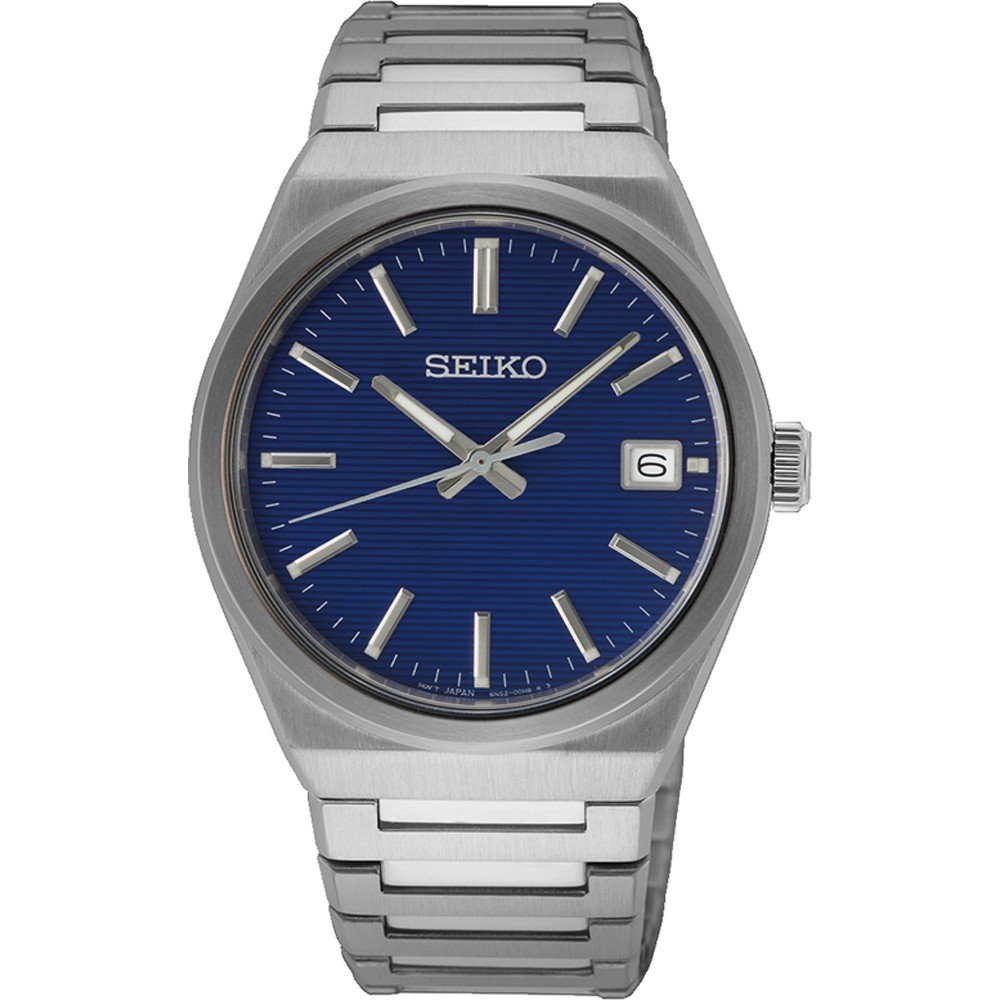 Heren horloge van staal met een blauwe wijzerplaat, stalen schakelband en datumweergave.