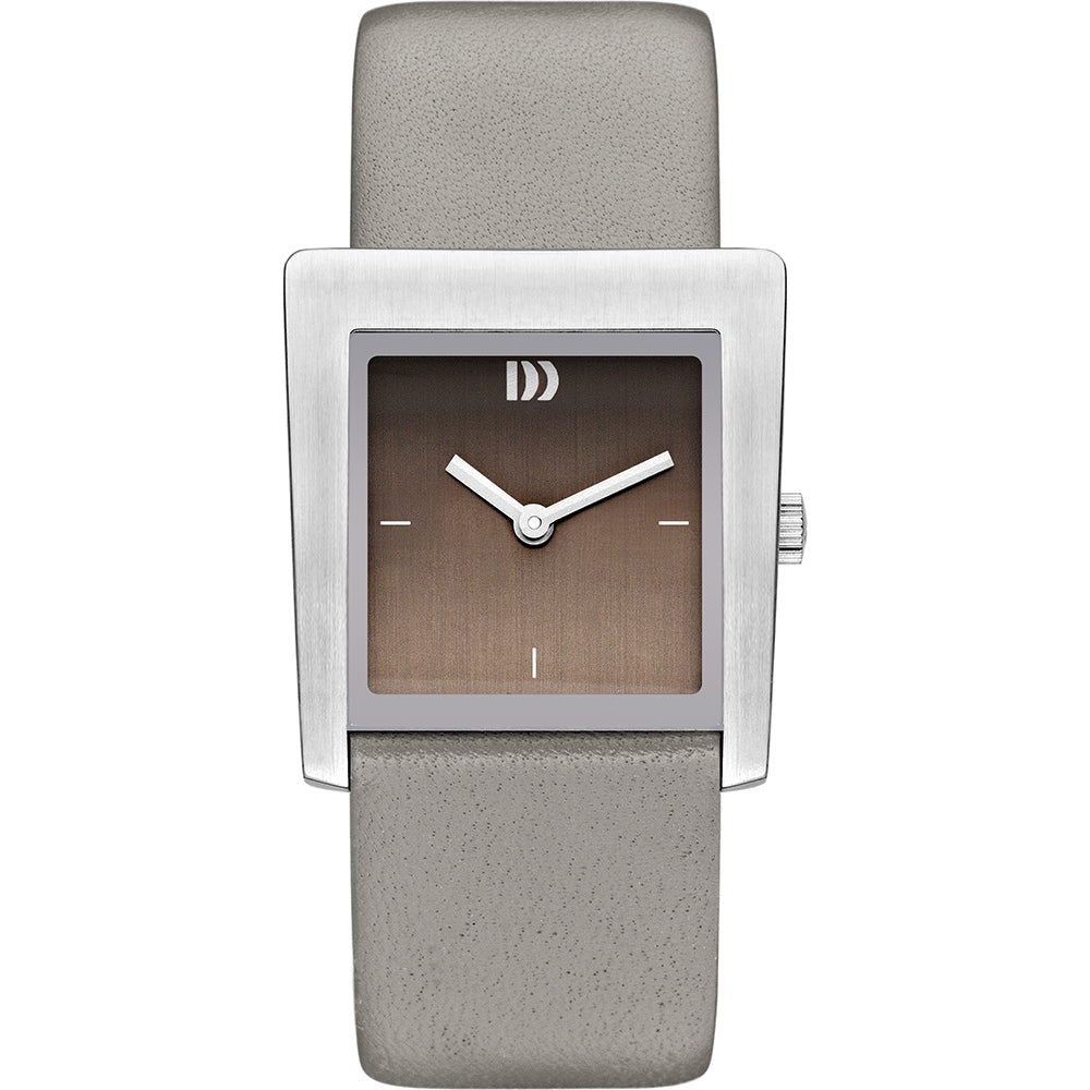 Grijs horloge met vierkante wijzerplaat en subtiele zilveren details op een leren band.