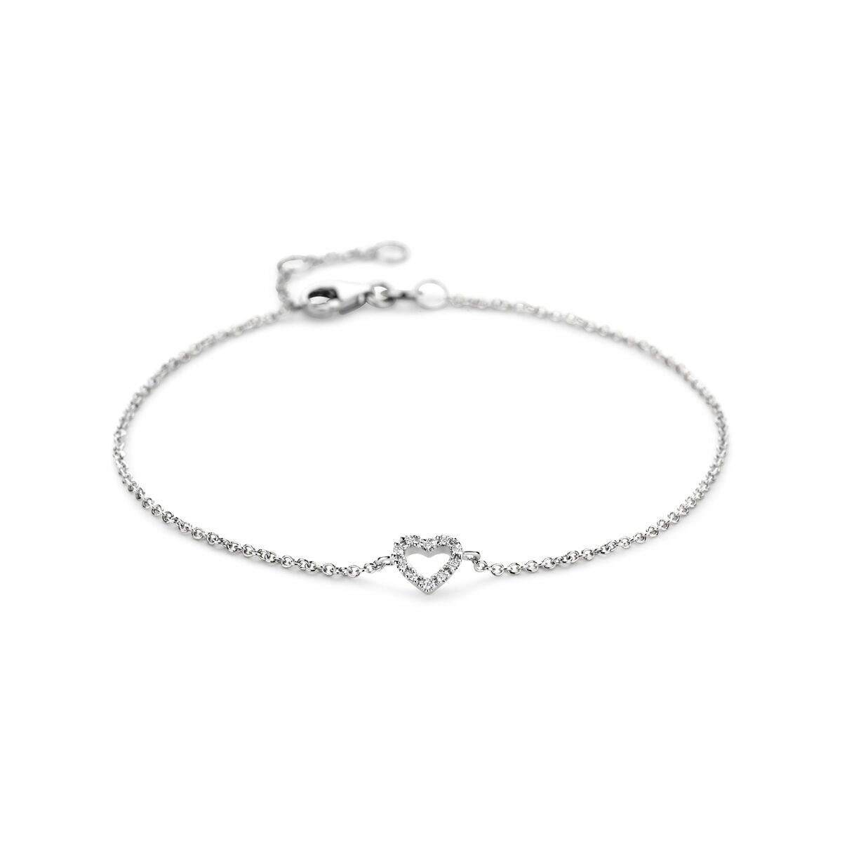 Gouden armband met een hartvormige hanger bezet met diamanten, 14K witgoud.