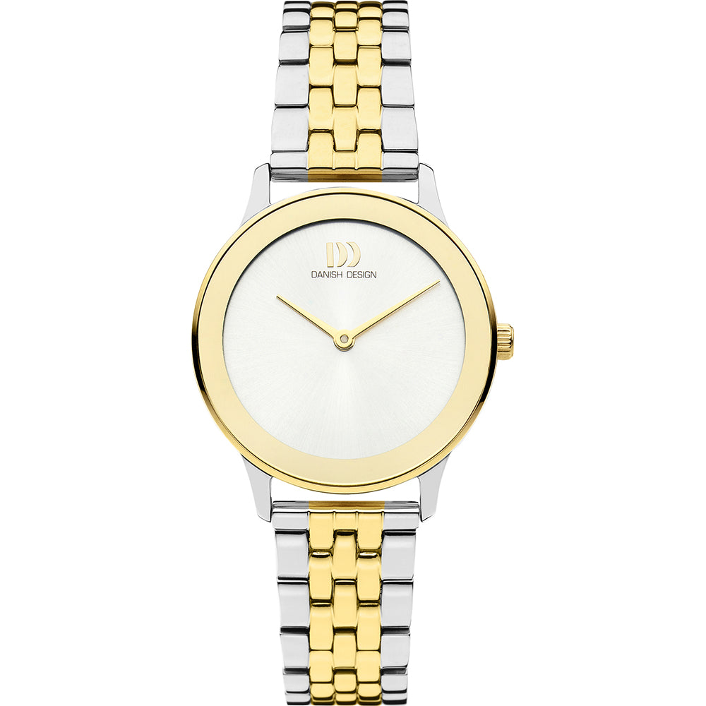 Gouden en zilveren horloge met een witte wijzerplaat en een metalen schakelband.