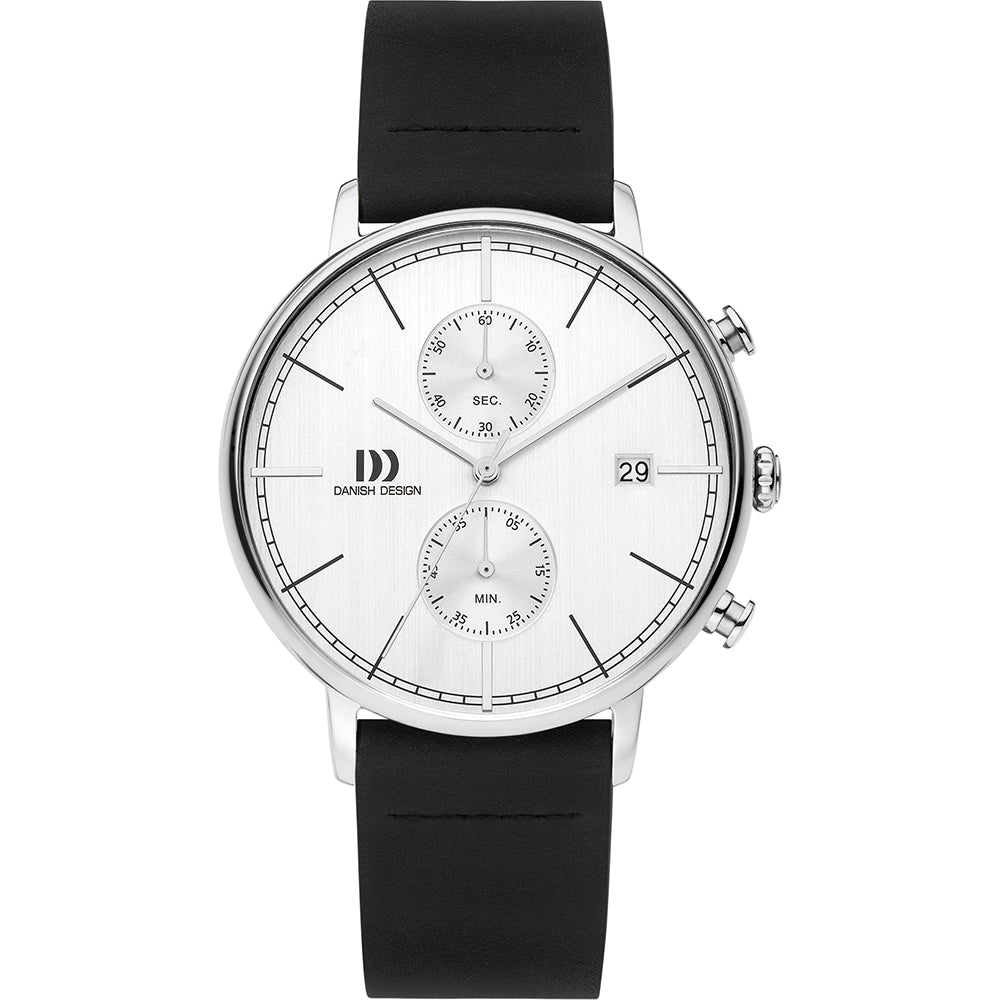 Zilveren horloge met witte wijzerplaat, zwarte rubberen band en dubbele subdial.