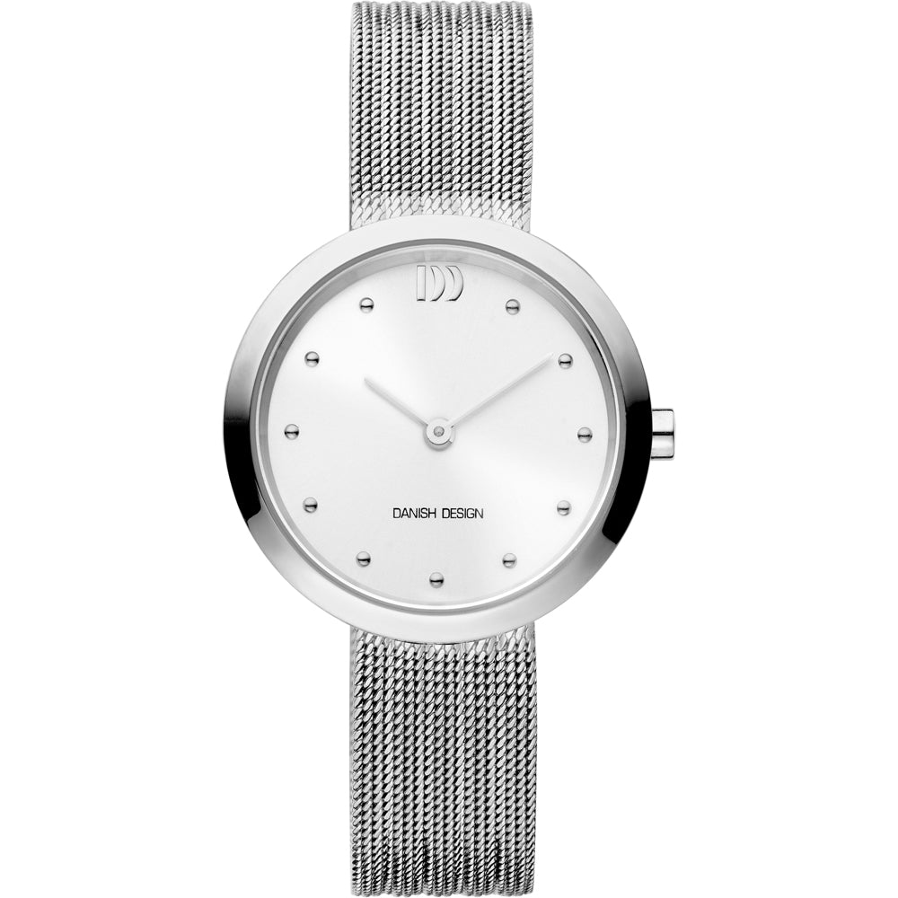Zilveren horloge met een witte wijzerplaat en mesh-band, versierd met steentjes als uurmarkeringen.