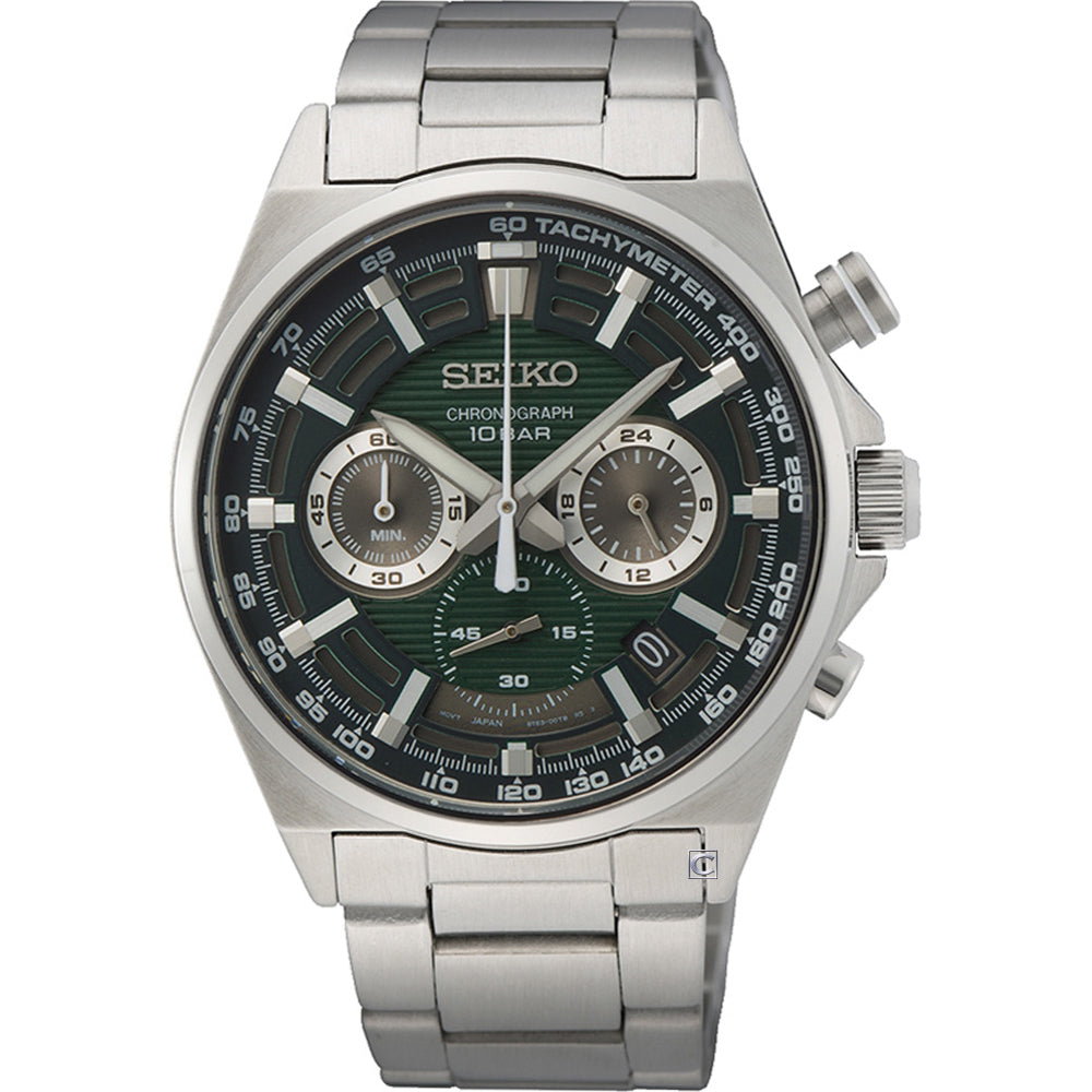 Heren horloge van staal met groene wijzerplaat, chronograaf en tachymeter, voorzien van zilveren details.
