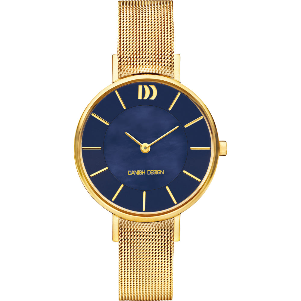 Gouden horloge met een blauwe wijzerplaat en een mesh-band.