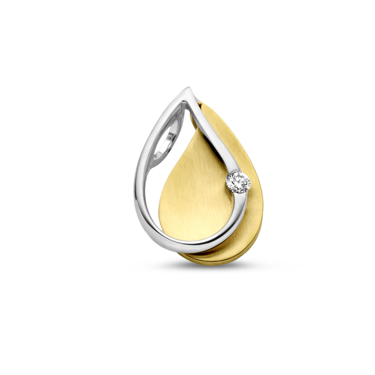 Bicolor gouden hanger in druppelvorm met een diamant van 0.03ct, afgewerkt in geel en wit goud.