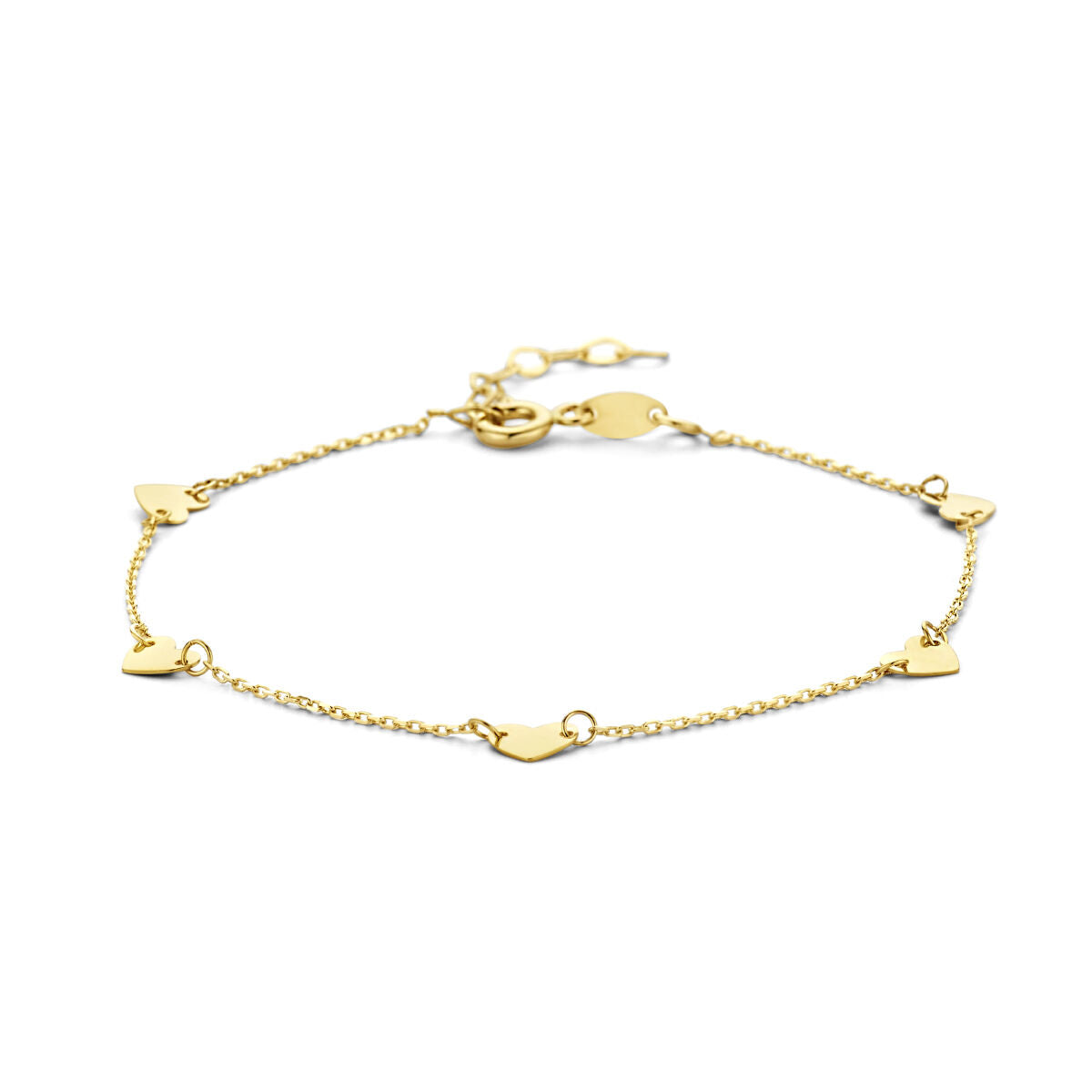 De Gouden armband dames hartjes 14K van Van der Kooij Collectie heeft vijf kleine hartjes, een karabijnsluiting en verstelbare lengtes.