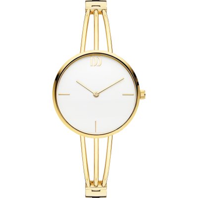 Gouden horloge met een witte wijzerplaat en een slanke, open band.