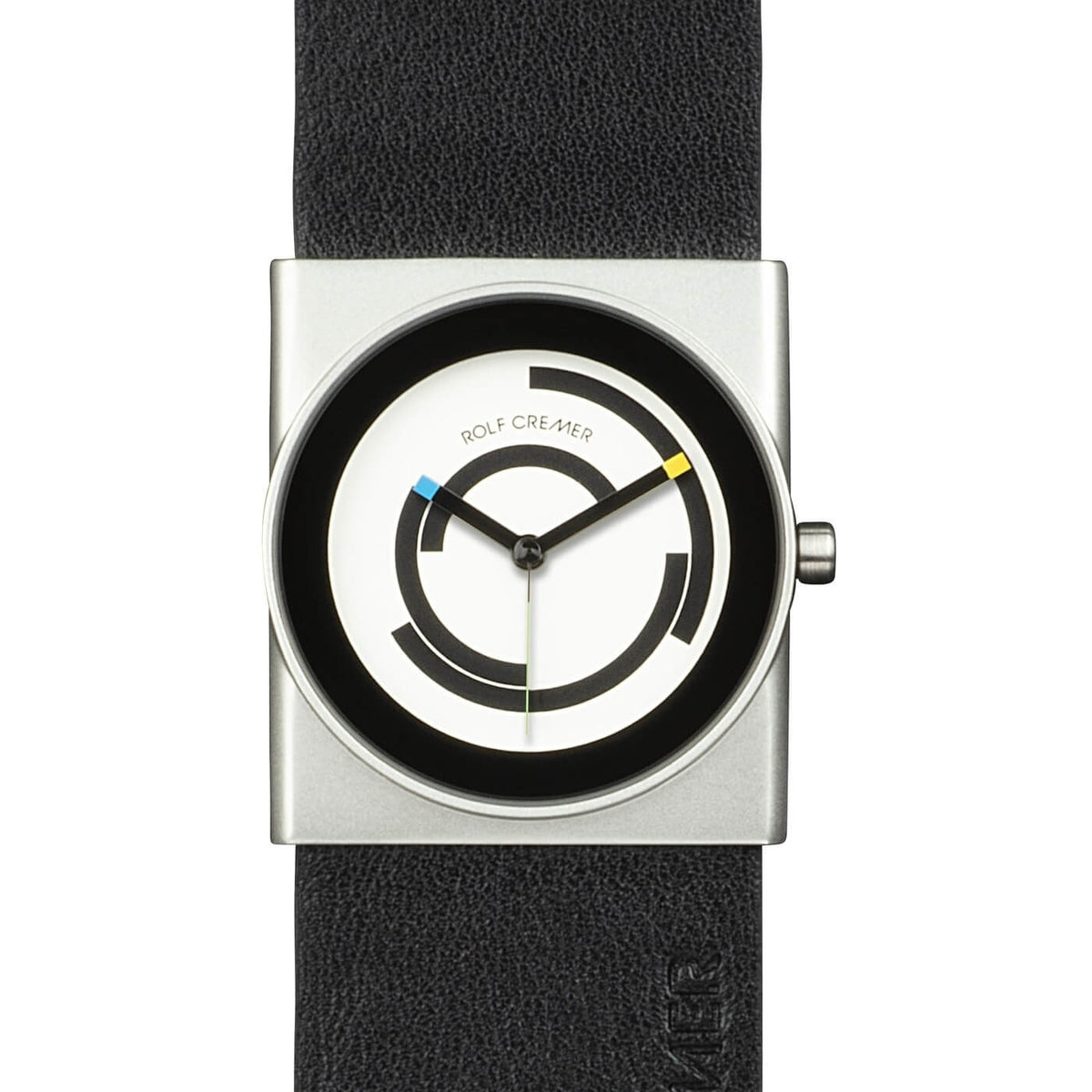 Zilveren vierkant horloge met zwarte leren band en een witte wijzerplaat met kleurrijke accenten.