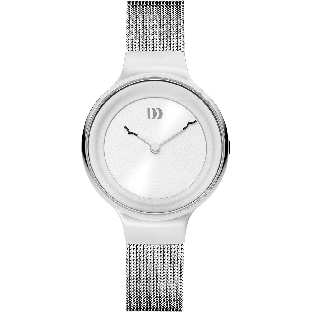 Zilveren horloge met een ronde wijzerplaat en mesh-band, voorzien van een witte wijzerplaat en minimalistische wijzers.