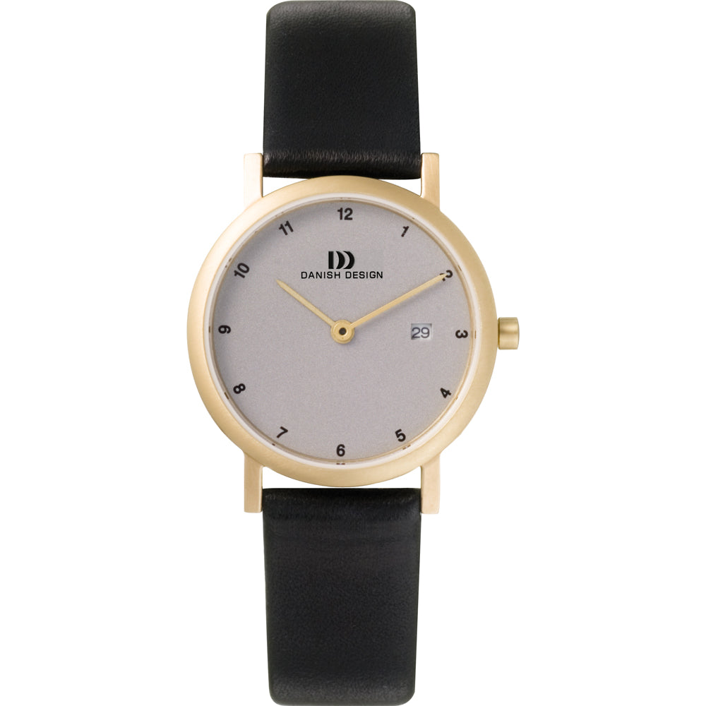 Gouden horloge met een zilveren wijzerplaat en zwarte leren band.