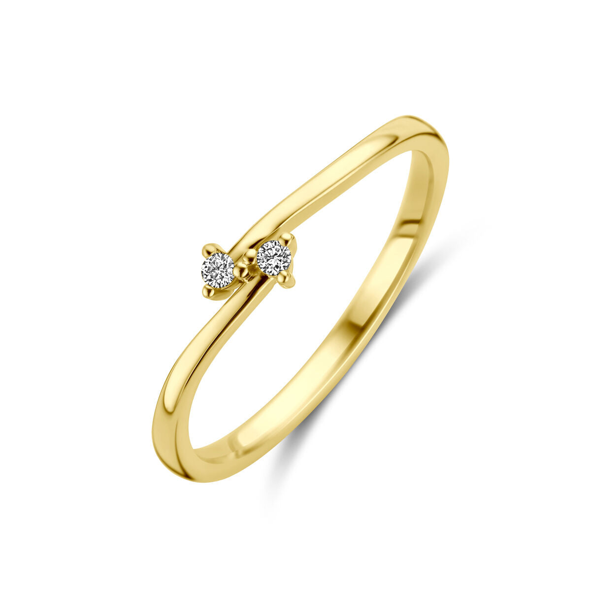 Een delicate Van der Kooij Collectie ring, vervaardigd in 14K geelgoud, heeft twee kleine ronde diamanten (0,03ct H SI) naast elkaar gezet op een band van gepolijst goud en is afgebeeld op een witte achtergrond.