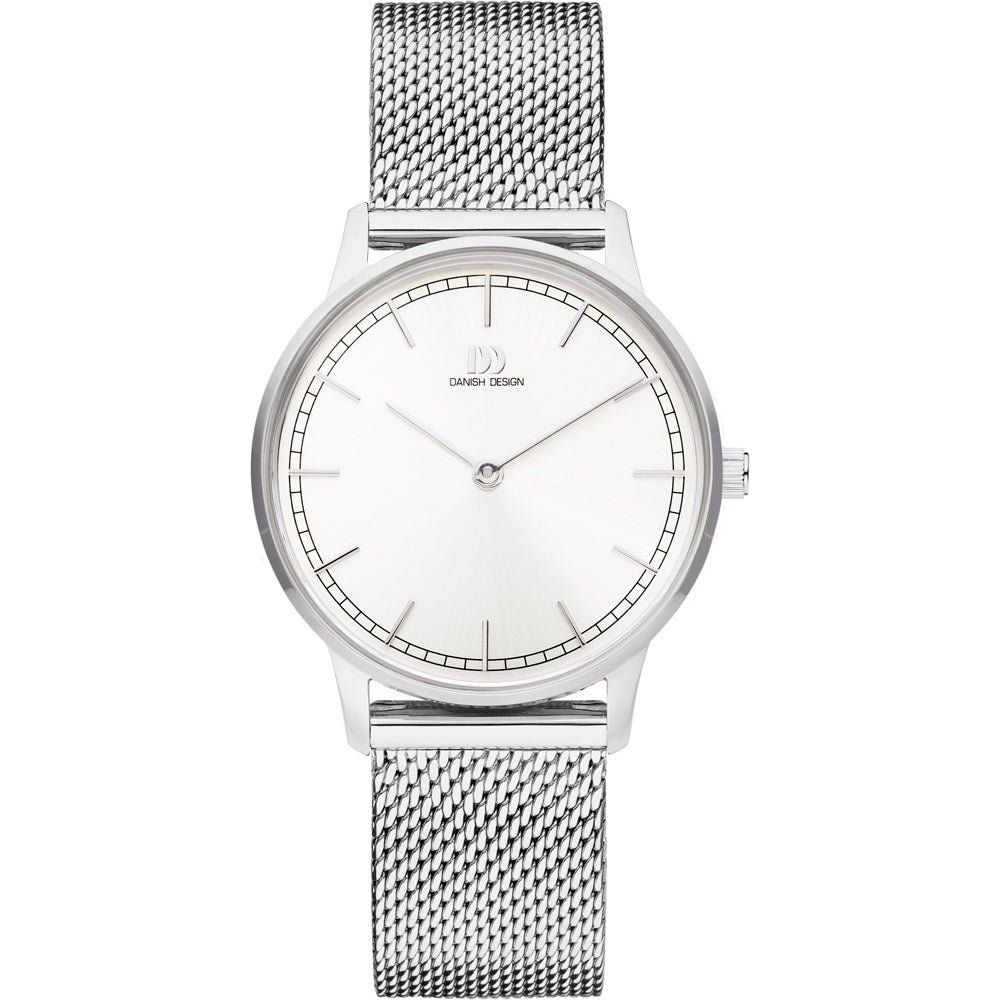 Zilveren horloge met een witte wijzerplaat en een mesh-band.