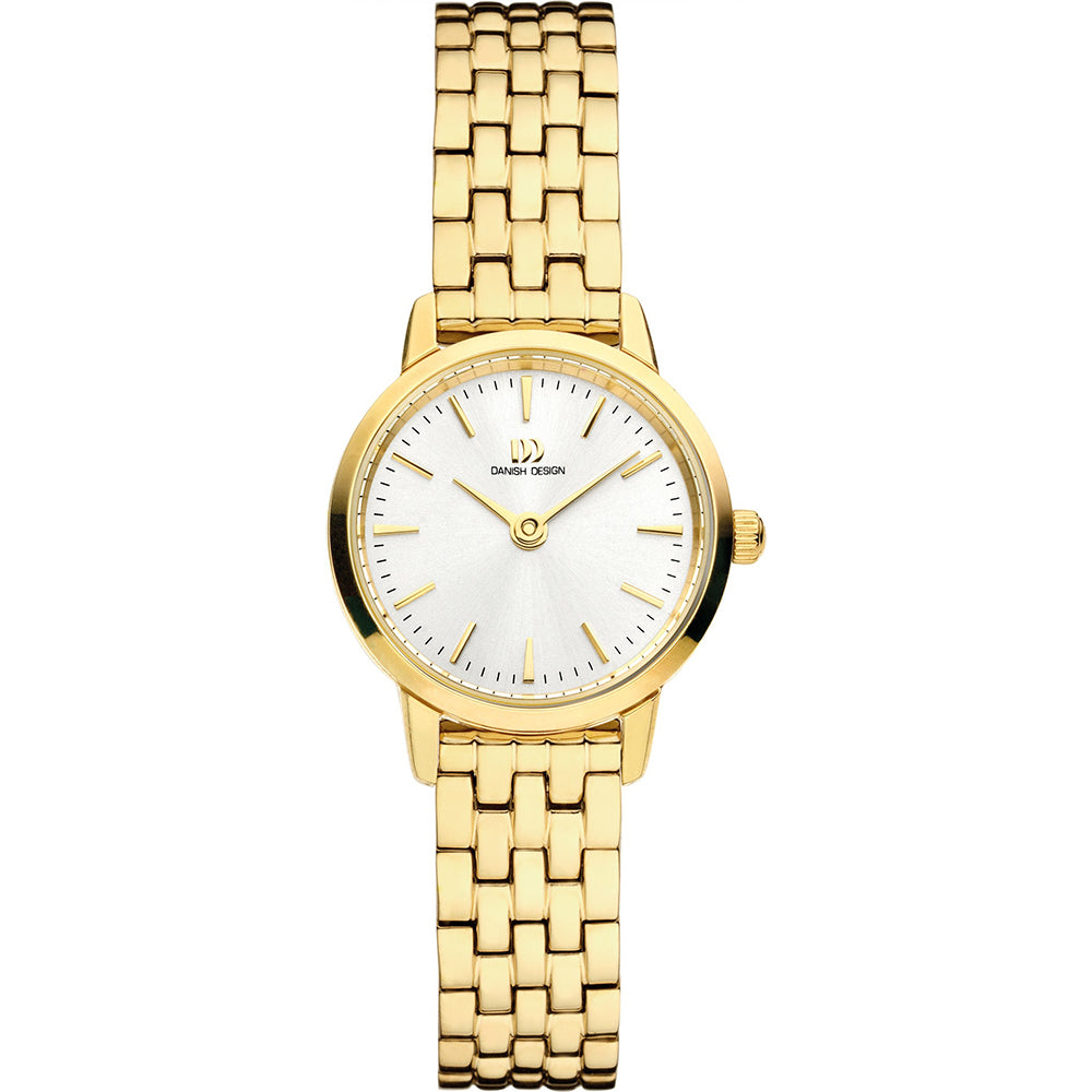 Gouden horloge met een witte wijzerplaat en een schakelband.