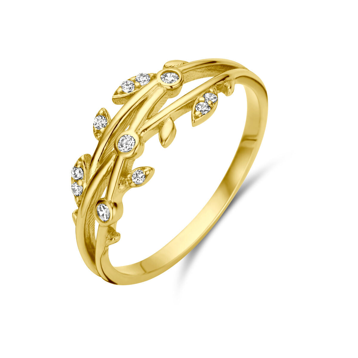 De Van der Kooij Collectie ring zirkonia 14K geelgoud is een damesring met een delicaat bladmotief, versierd met fonkelende ronde zirkonia steentjes, afgebeeld op een witte achtergrond.