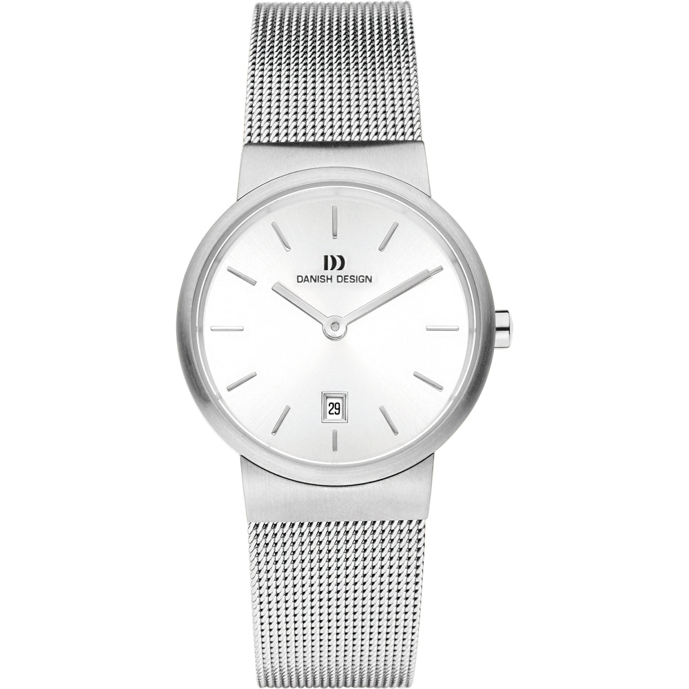 Zilveren horloge met een witte wijzerplaat, mesh-band en een datumaanduiding.
