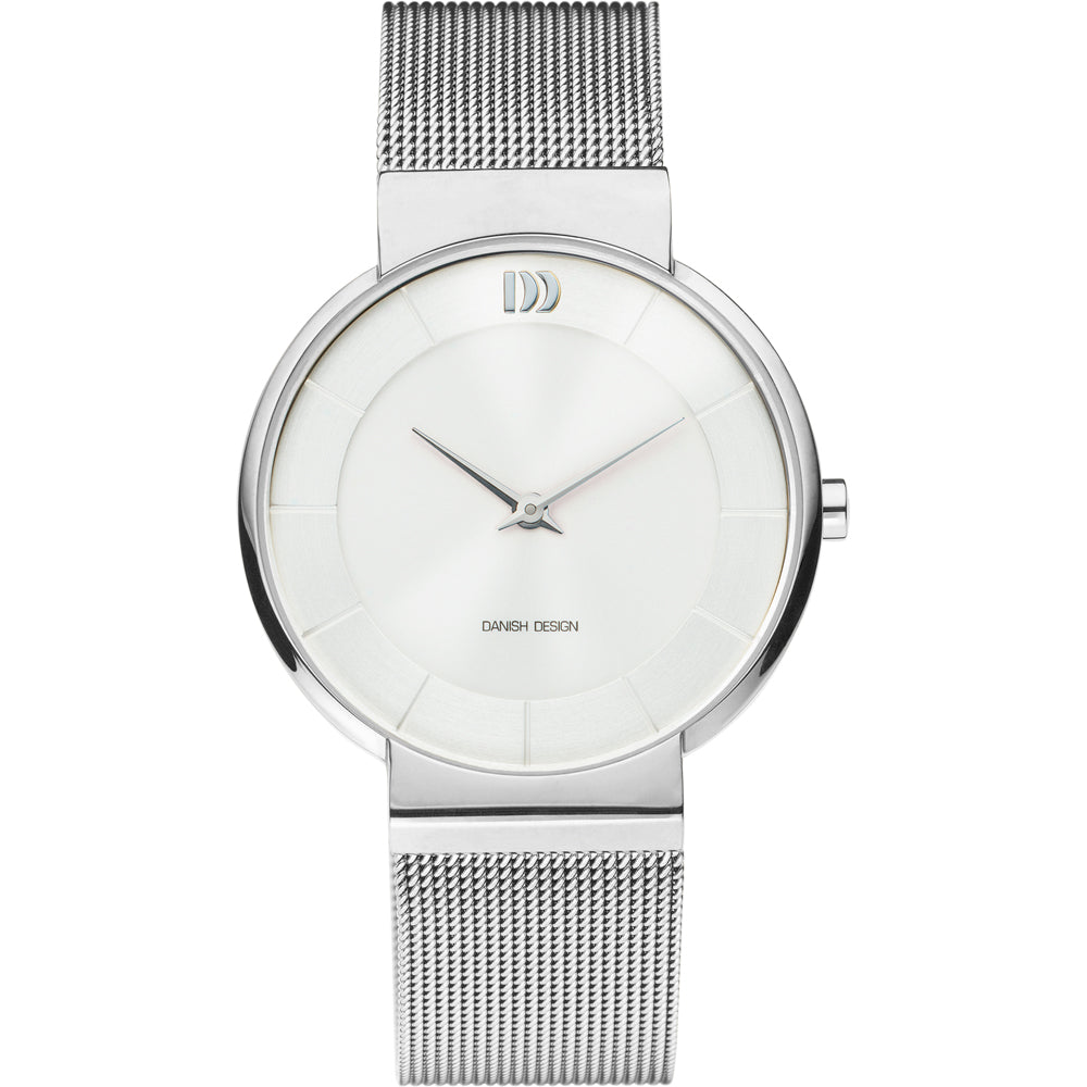 Zilveren horloge met een mesh-band en een witte wijzerplaat, voorzien van dunne wijzers en een minimalistisch ontwerp.