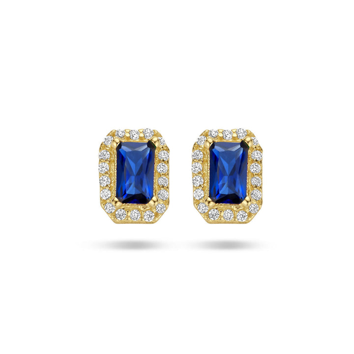 ear studs synth. sapphire and zirconia halo 14K yellow gold