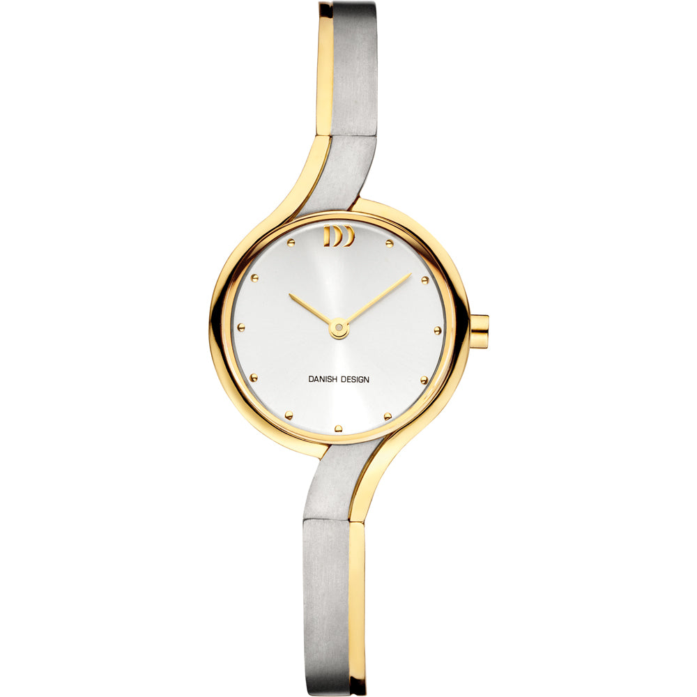 Gouden en zilveren horloge met een witte wijzerplaat en subtiele stippen als uurmarkeringen.