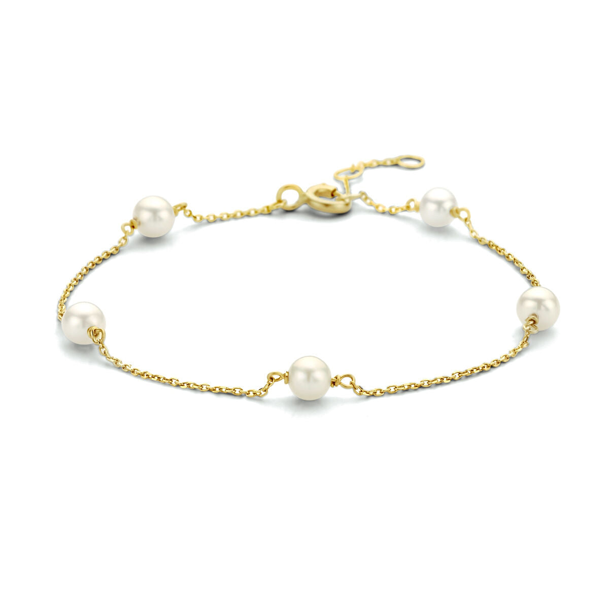 Gouden armband met vijf parels, 14K, fijne schakelketting en karabijnsluiting.