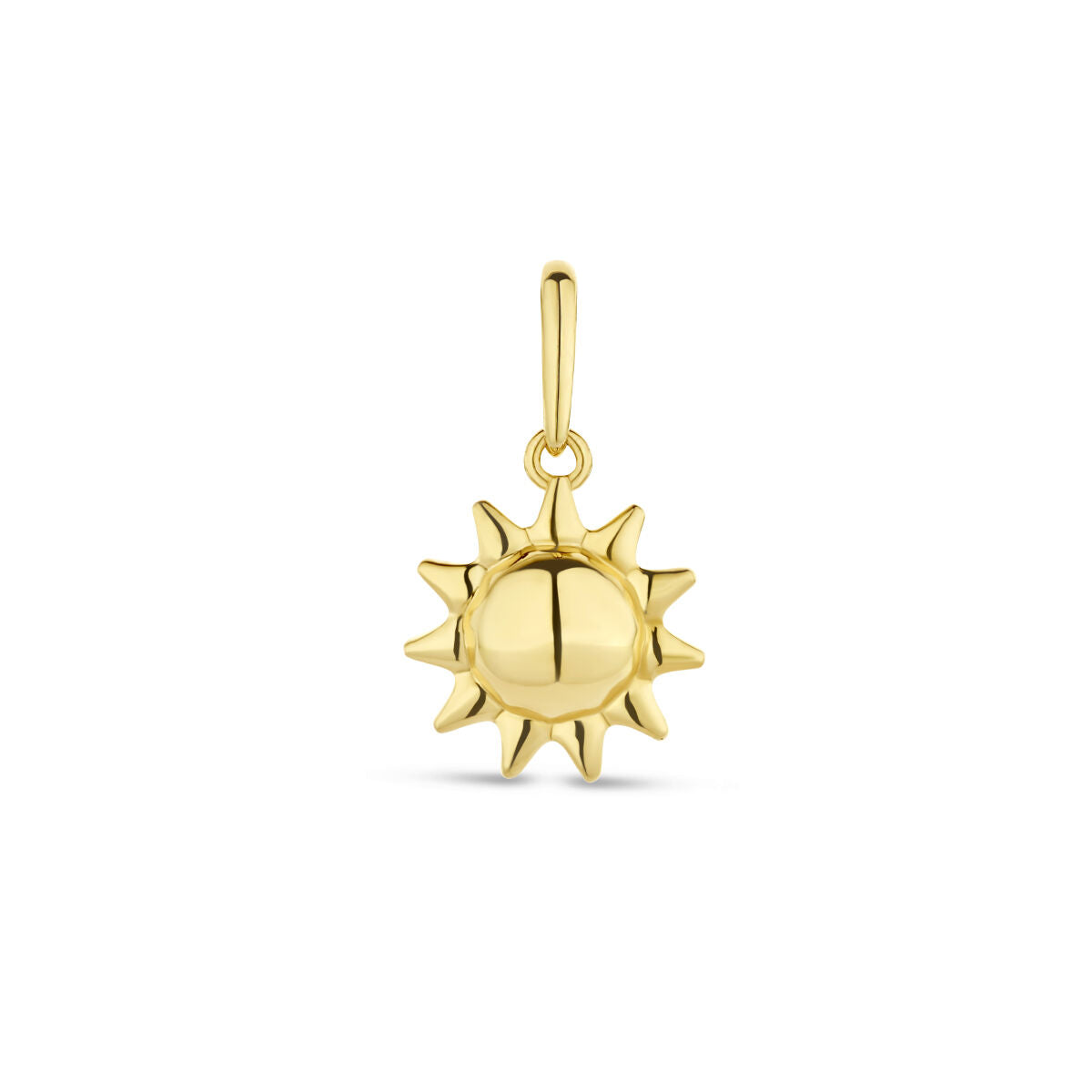 De hanger zon 14K geelgoud uit de Van der Kooij Collectie heeft een glad, gepolijst middendeel en spitse stralen en is afgebeeld tegen een witte achtergrond.