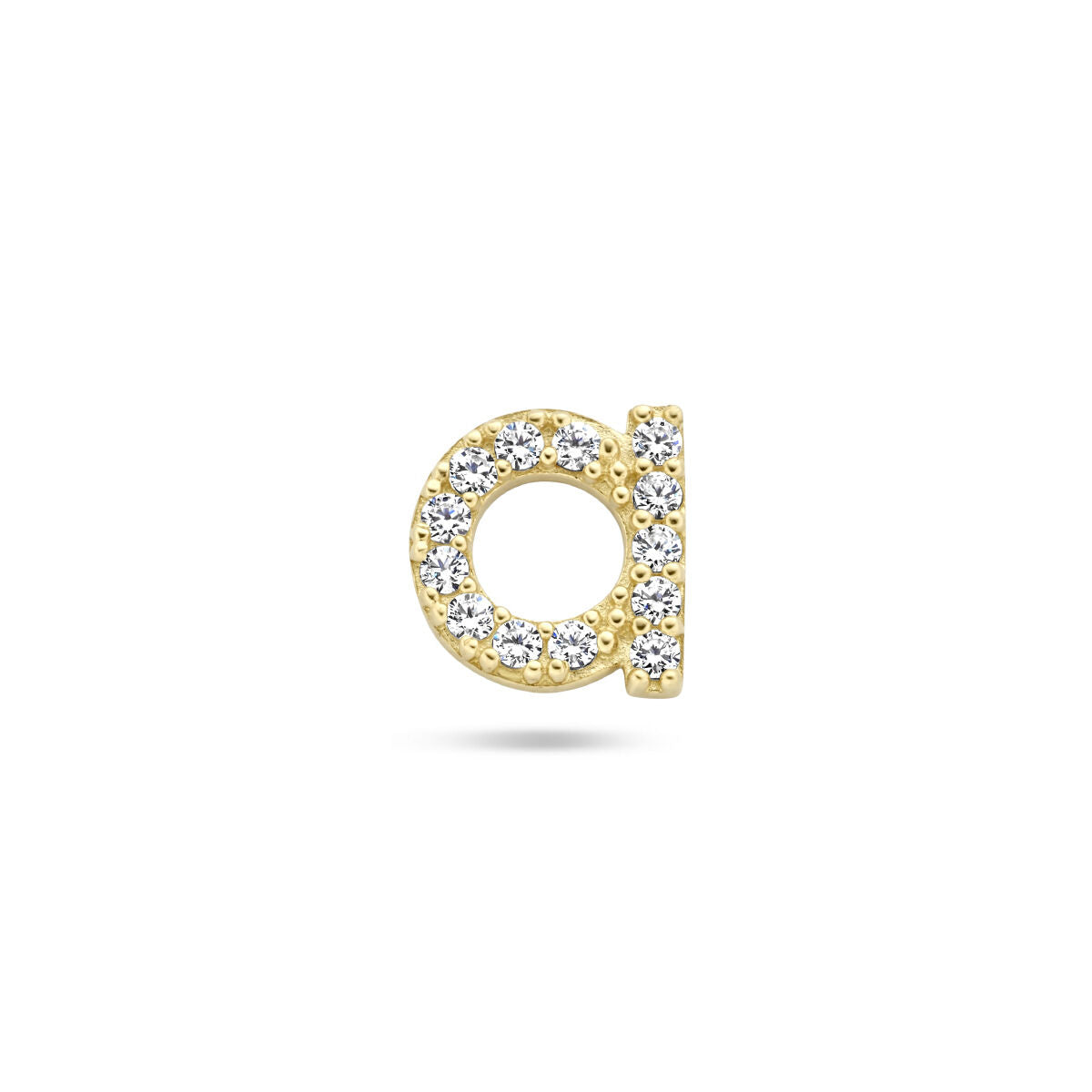Oorknop in de vorm van een letter met zirkonia, zilver gerhodineerd en goudkleurig afgewerkt.