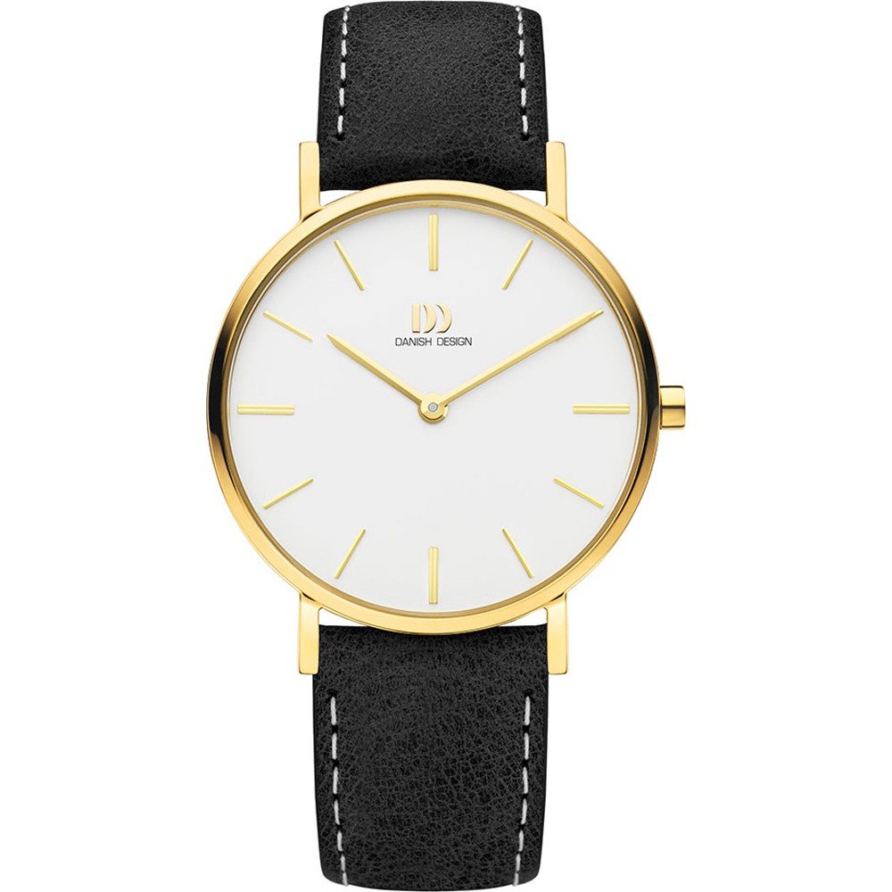 Gouden horloge met witte wijzerplaat en zwarte leren band met stiksels.