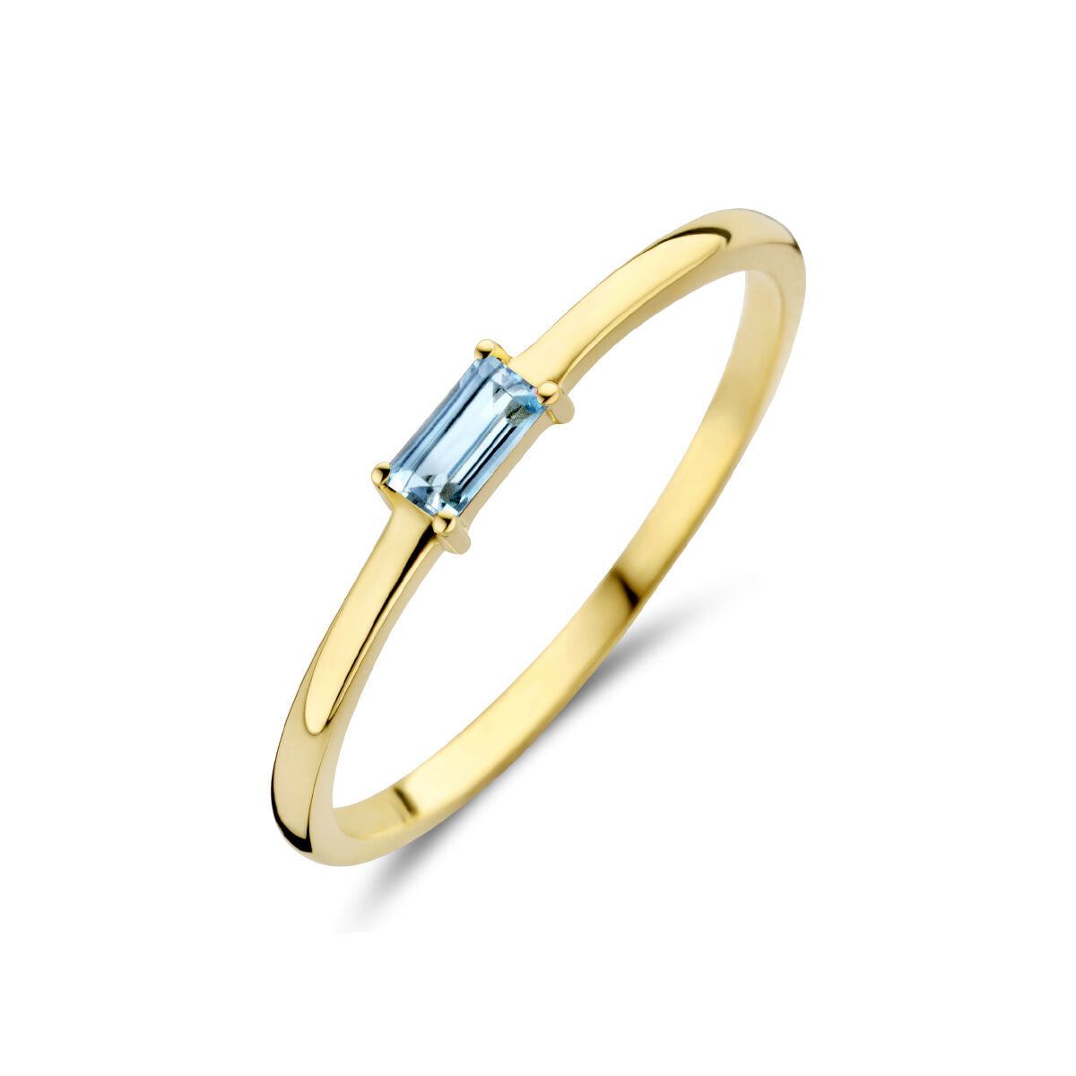 Ring van 14K geelgoud met een rechthoekige topaas geboortesteen voor december.