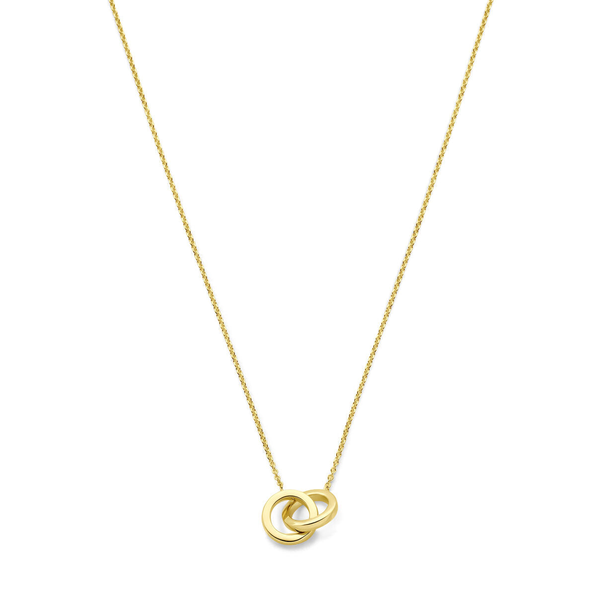 Het Van der Kooij Collectie collier rondjes 40-42-44 cm 14K geelgoud is een delicaat, trendy damesketting met een fijne ketting en twee in elkaar grijpende gouden cirkels, afgebeeld tegen een effen witte achtergrond.