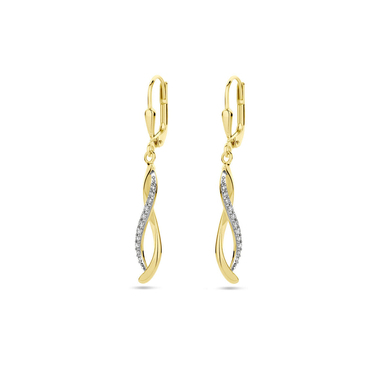 Oorhangers van 14K geelgoud met een golvende vorm en zirkonia-steentjes.