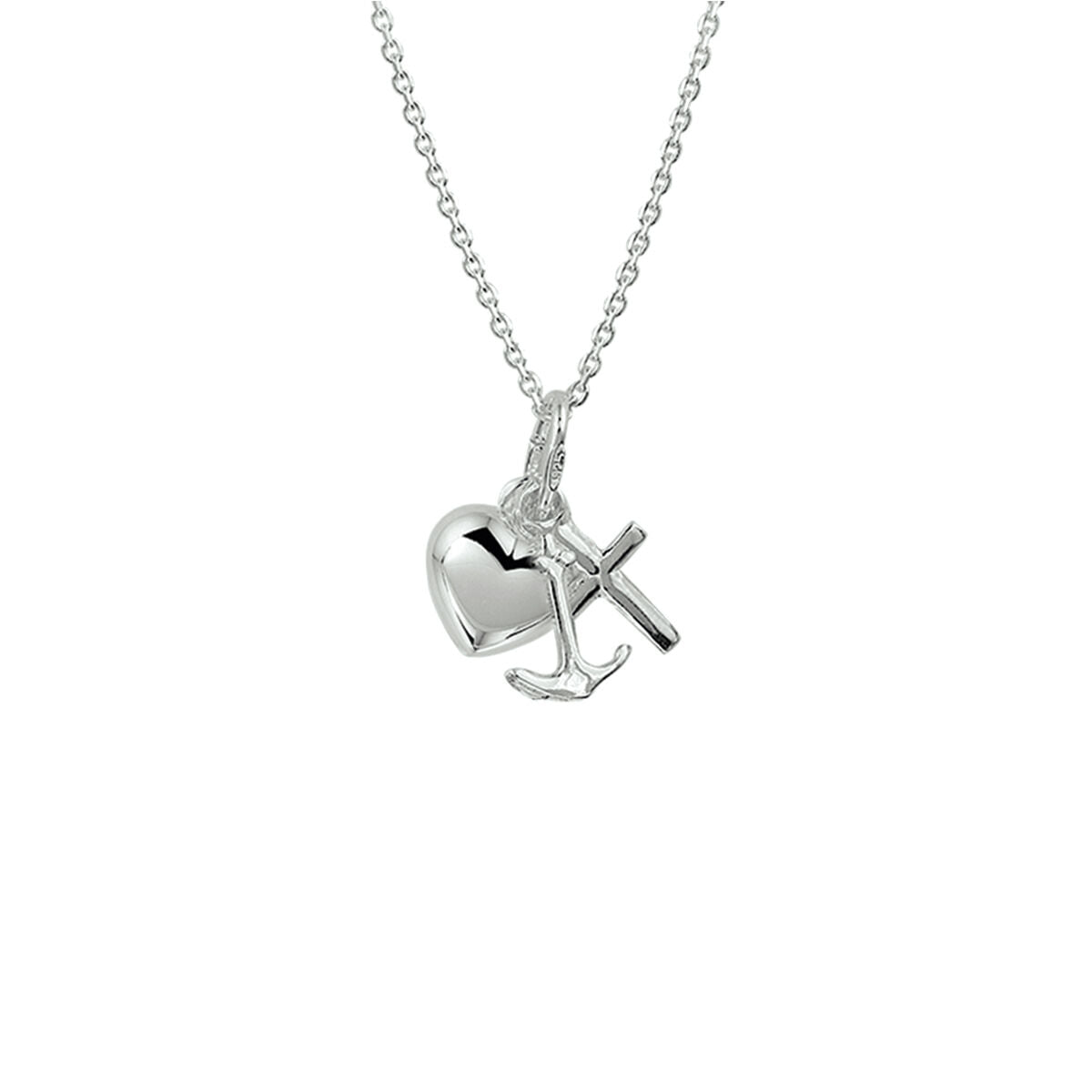 Zilveren collier met hangers in de vorm van een hart, kruis en anker, verstelbare lengte van 41 + 4 cm.