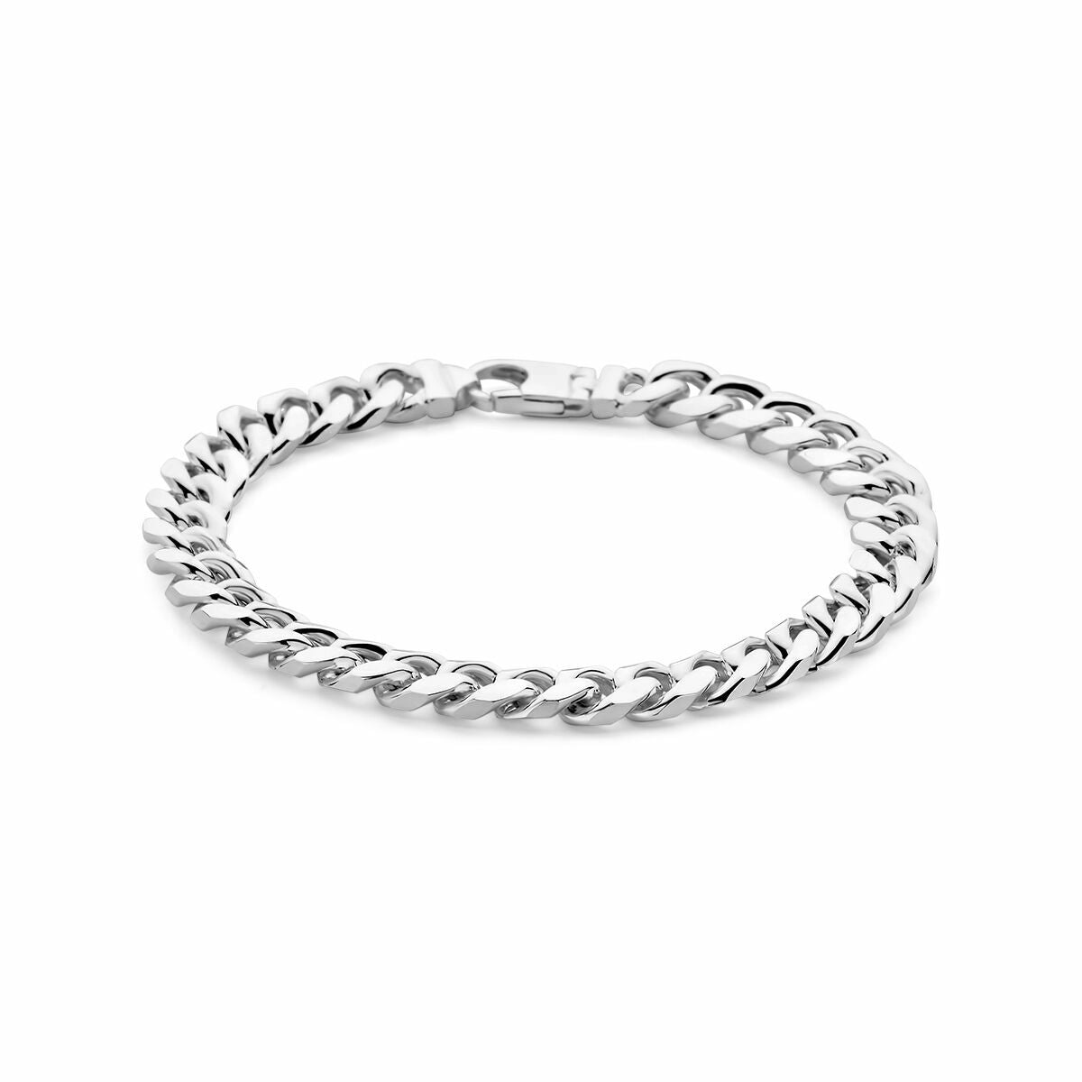 De Van der Kooij Collectie Zilveren armband heren gourmette 8,4 mm is een gepolijste 925 zilver Cubaanse schakelarmband met karabijnsluiting, afgebeeld op een witte achtergrond.