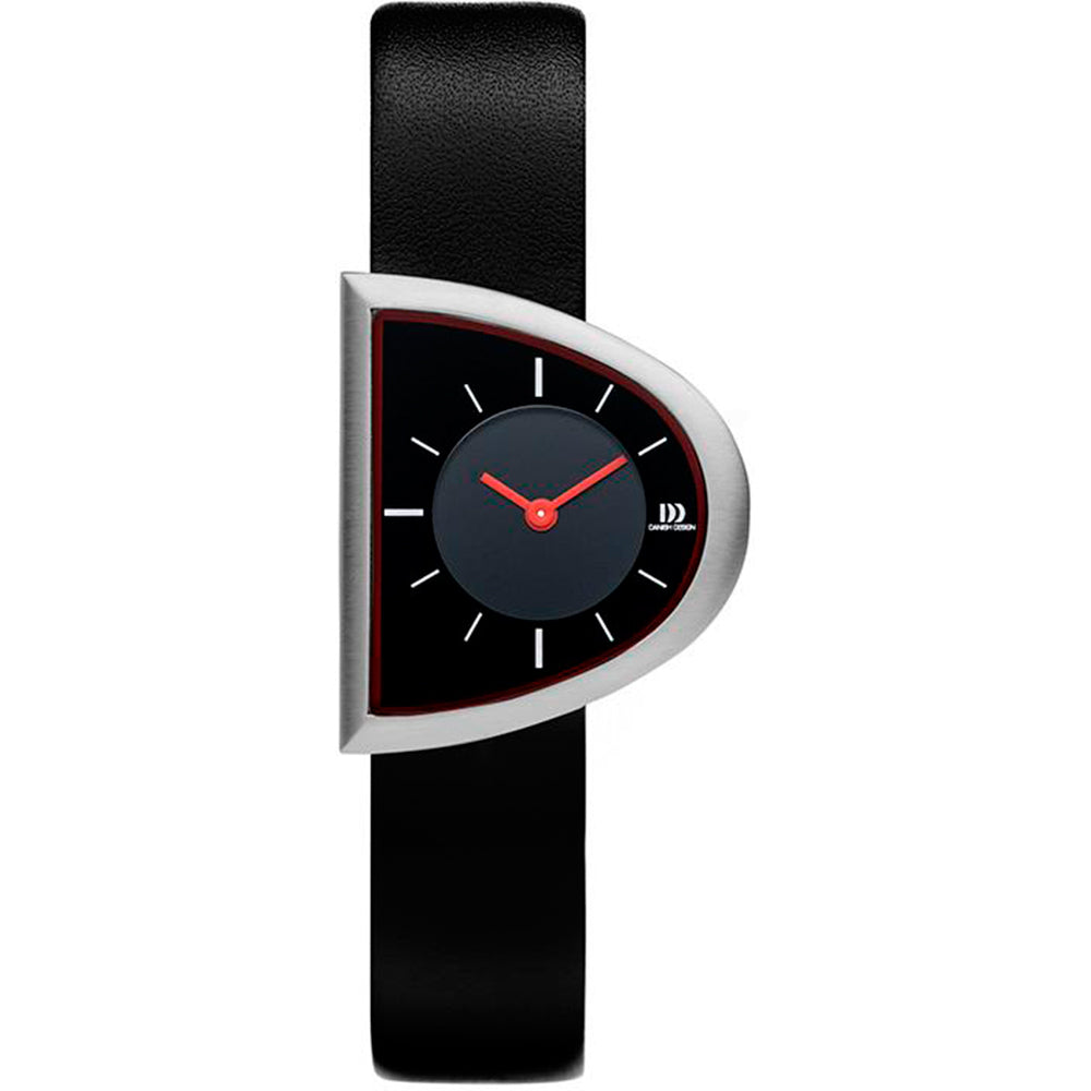 Dames horloge met zwarte wijzerplaat, ronde wijzer en leren zwarte band, afgewerkt met een zilveren kast.