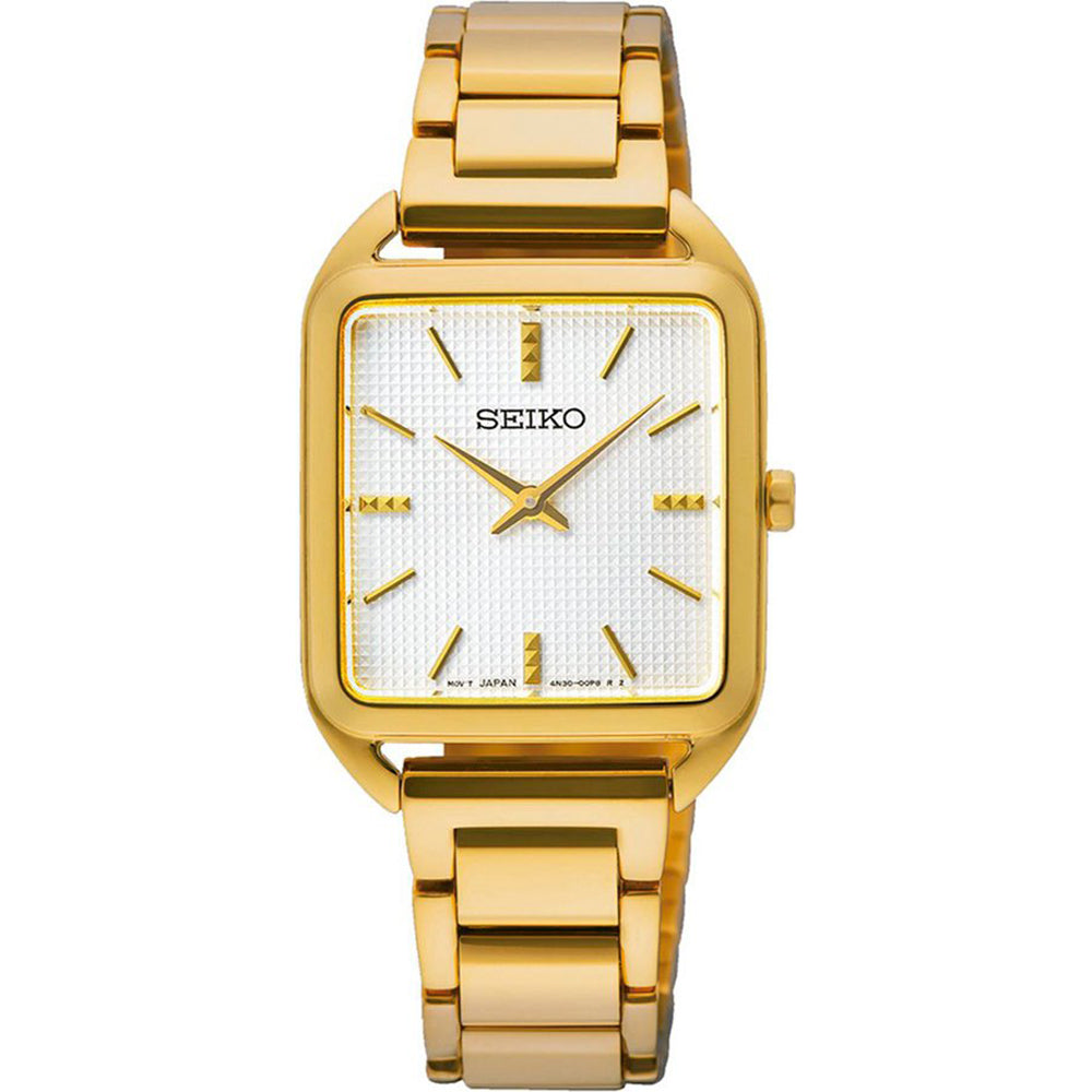 Het Seiko dameshorloge SWR078P1 heeft een rechthoekige gouden wijzerplaat met een schakelband, een witte structuurwijzerplaat, gouden uurmarkeringen en wijzers en een nauwkeurig quartz uurwerk.