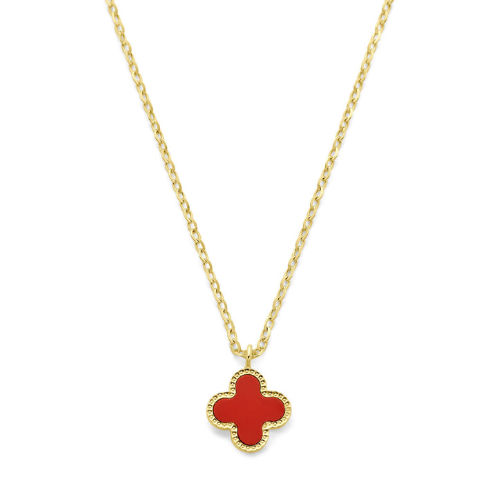 Gold ladies necklace clover red epoxy 14K