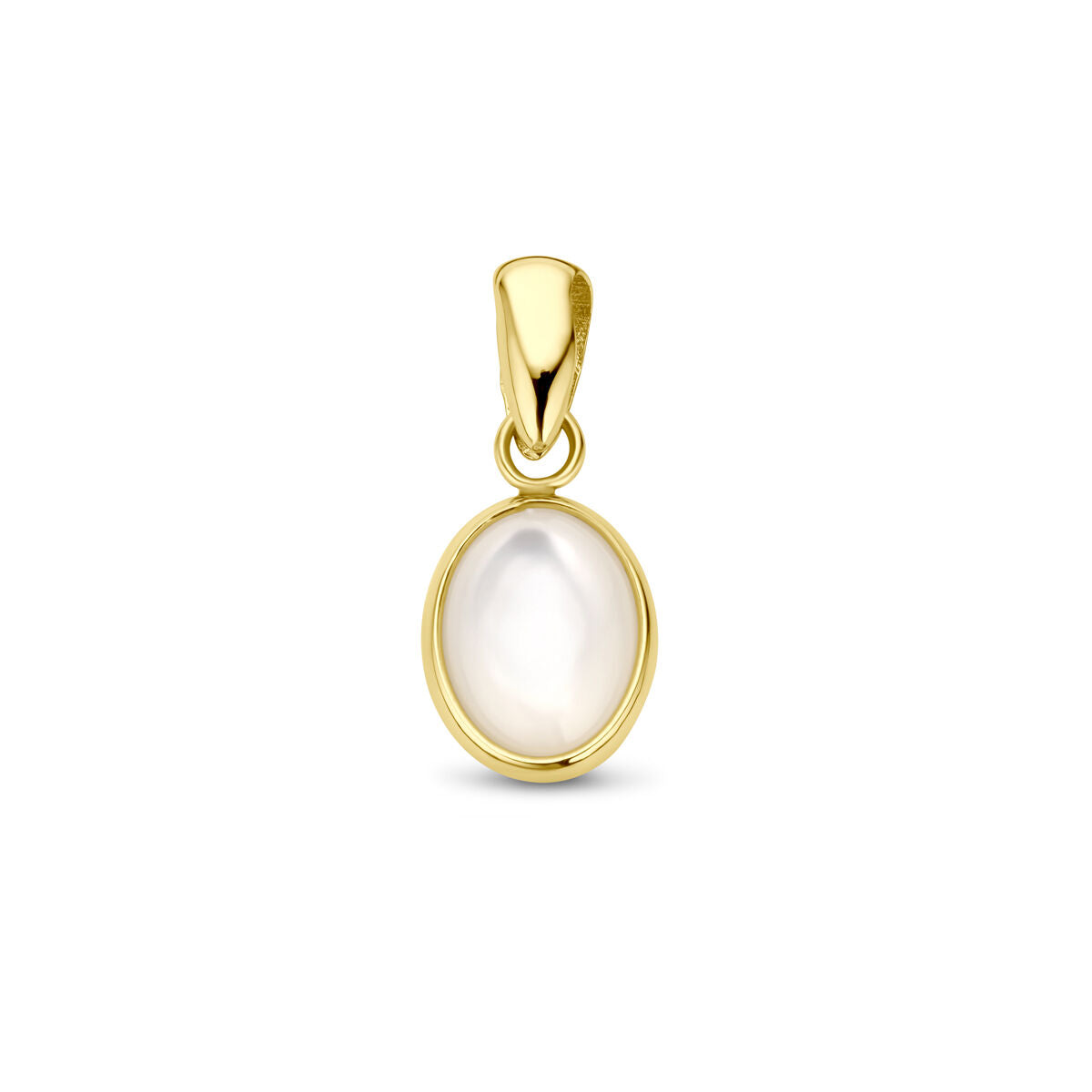 De hanger parelmoer 14K geelgoud van Van der Kooij Collectie heeft een ovaalvormige parelmoer hanger, gezet in glad 14 karaat geelgoud met een gouden oogje, afgebeeld op een witte achtergrond.