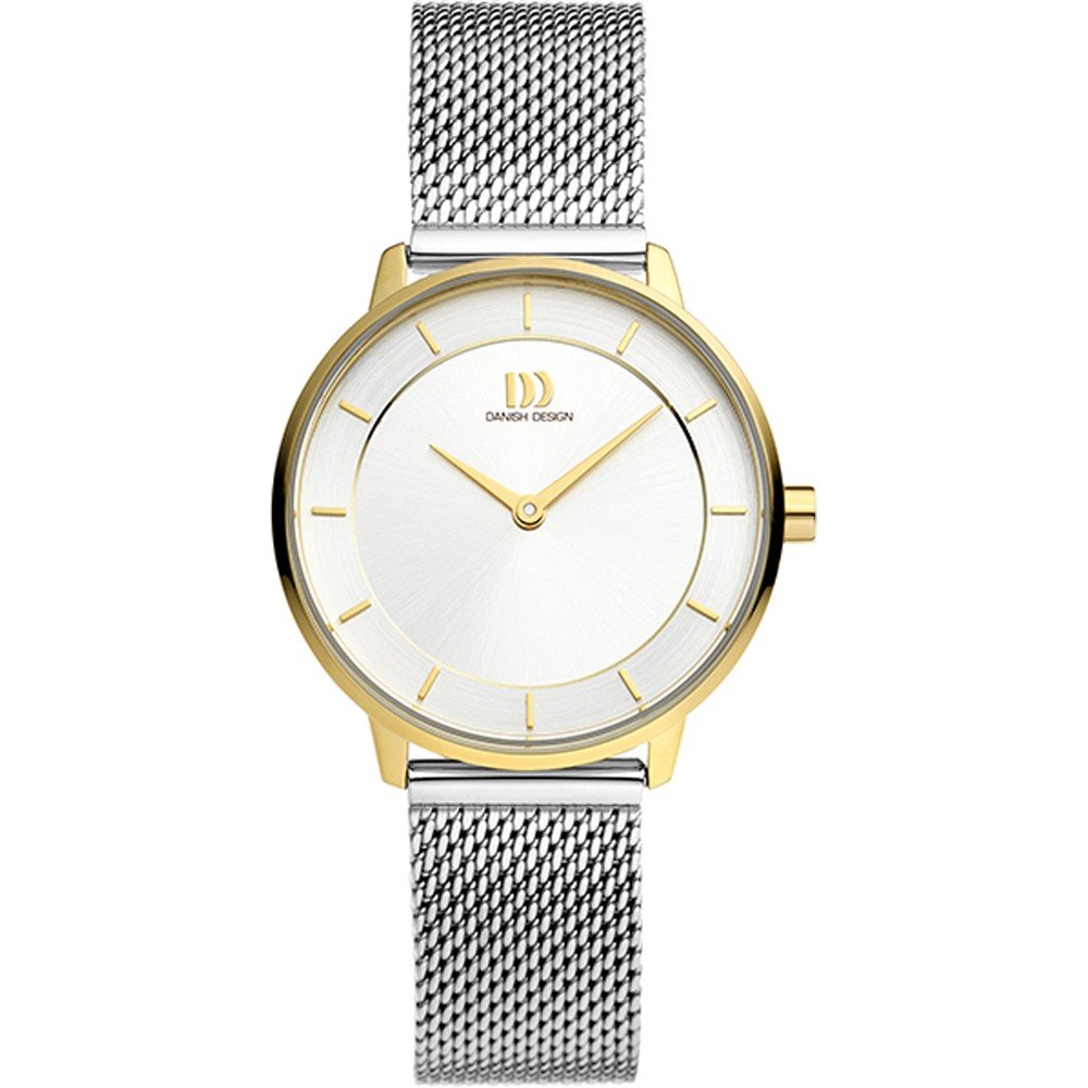 Gouden horloge met witte wijzerplaat en zilveren mesh-band.