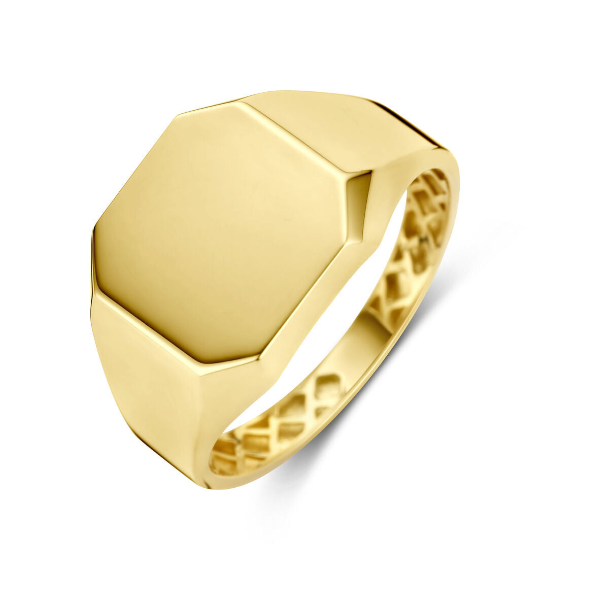Het graveerring 14K geelgoud van Van der Kooij Collectie heeft een gepolijste, platte achthoekige voorkant en een glanzende band met een subtiel rasterpatroon aan de binnenkant - een elegante herenring.