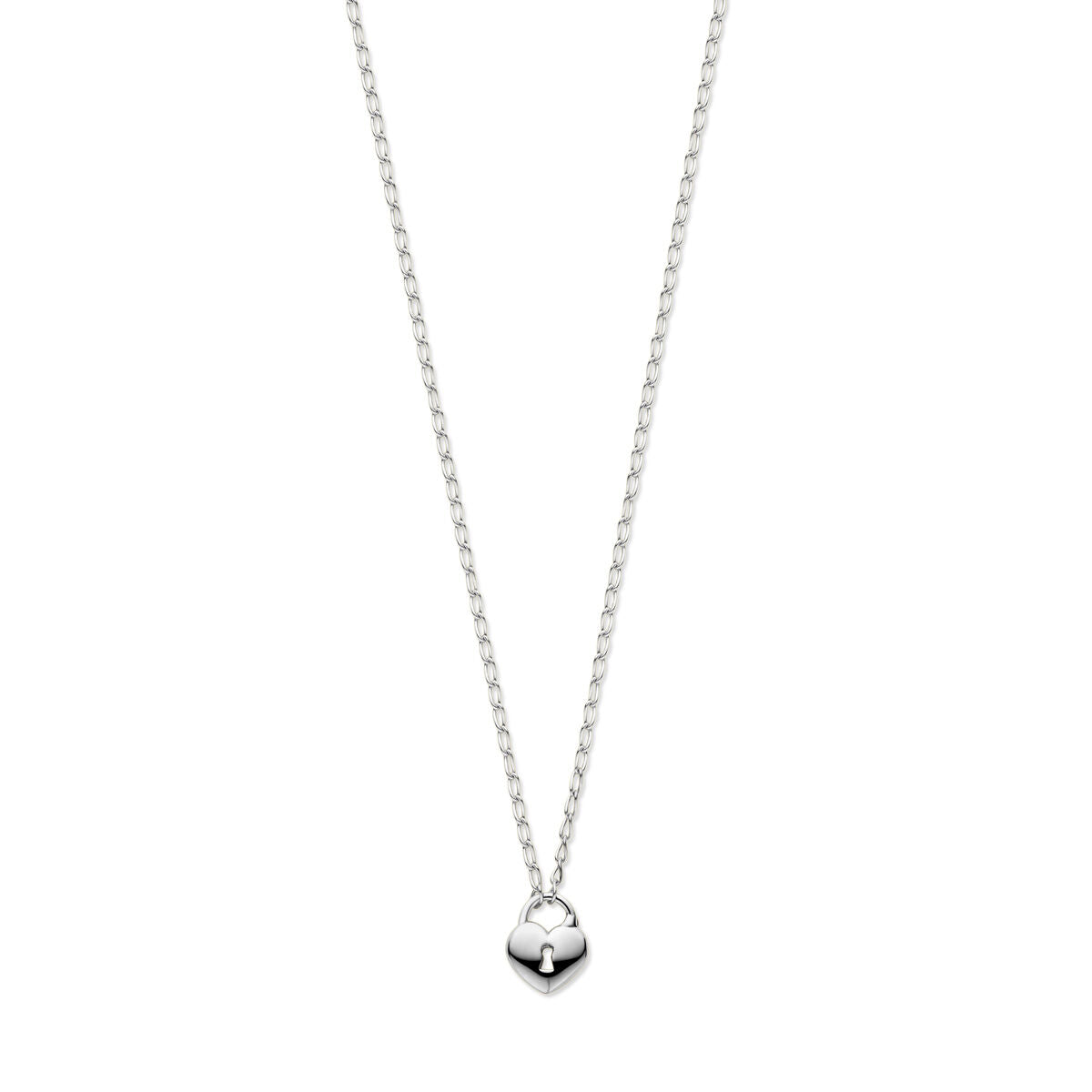 Zilveren gerhodineerde ketting met een hart- en slotbedel.