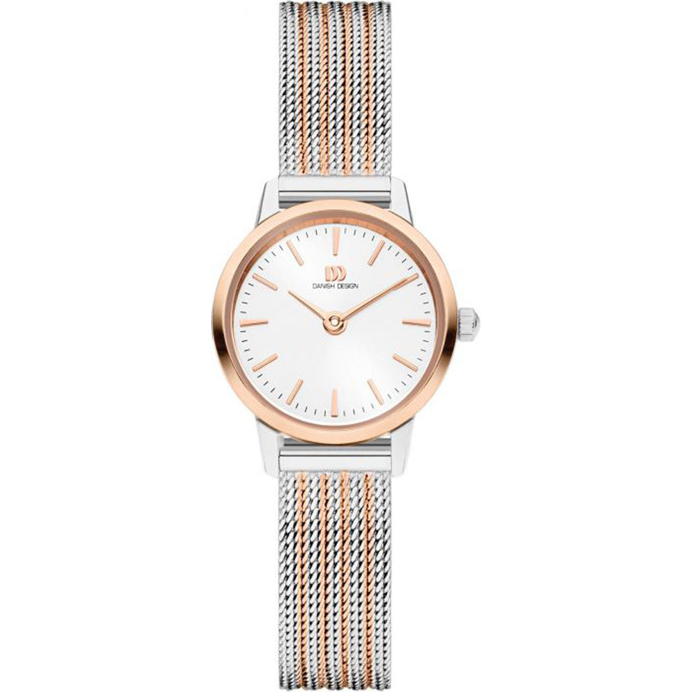 Roségouden horloge met een witte wijzerplaat en een zilveren mesh-band.