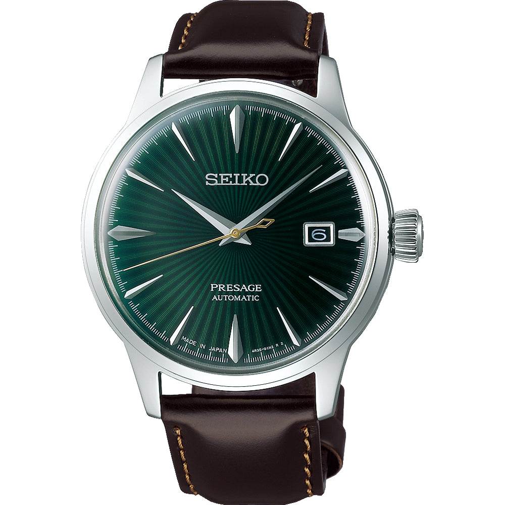 Heren horloge met groene wijzerplaat, zilveren kast en bruine leren band.