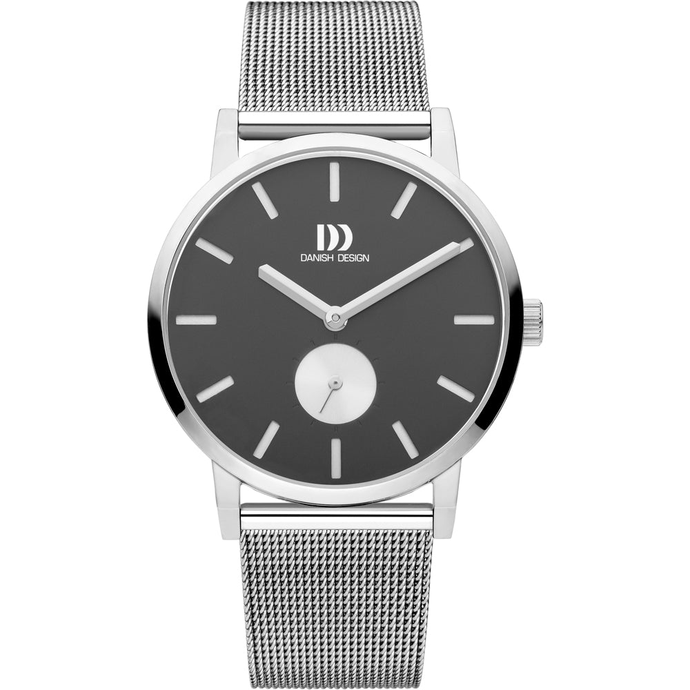 Heren horloge met grijze wijzerplaat, zilveren kast en mesh-band, met een subtiele secondewijzer.