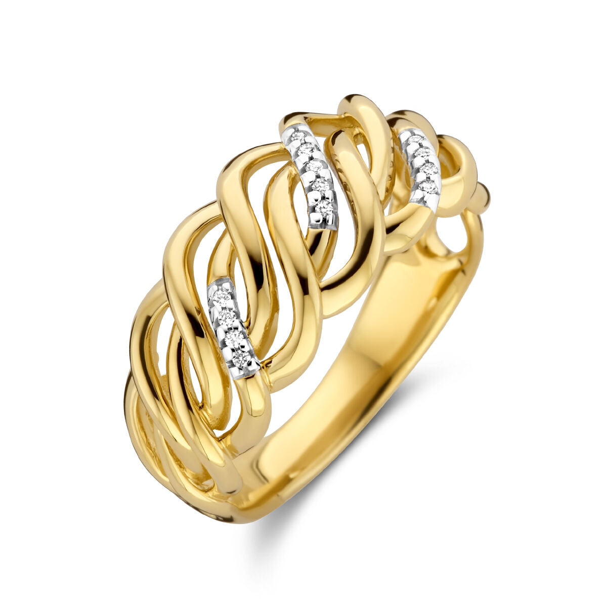 Gouden ring met een golvend ontwerp en drie kleine diamanten van 0.04 ct in een zetting.