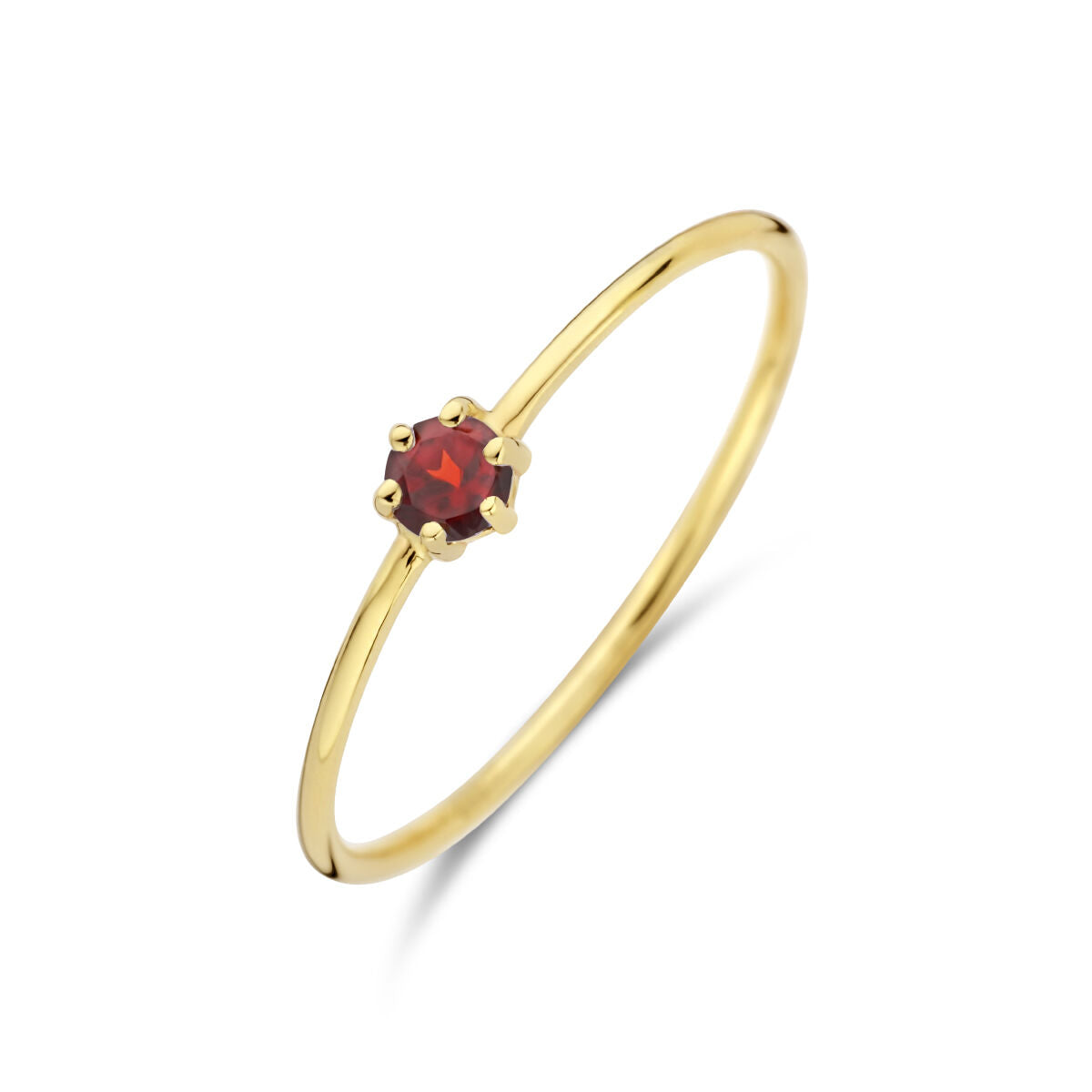 Ring van 14K geelgoud met een ronde granaat geboortesteen in de zetting.