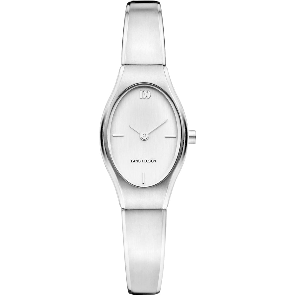 Zilveren horloge met een ovale wijzerplaat en een witte achtergrond, voorzien van twee wijzers.