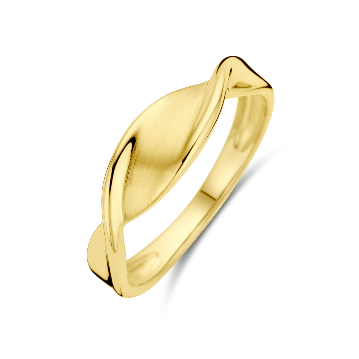 De Van der Kooij Collectie ring poli/mat 14K geelgoud heeft een modern, minimalistisch design met een marquise-vormige open twist – een ode aan eenvoudige elegantie – weergegeven tegen een witte achtergrond.