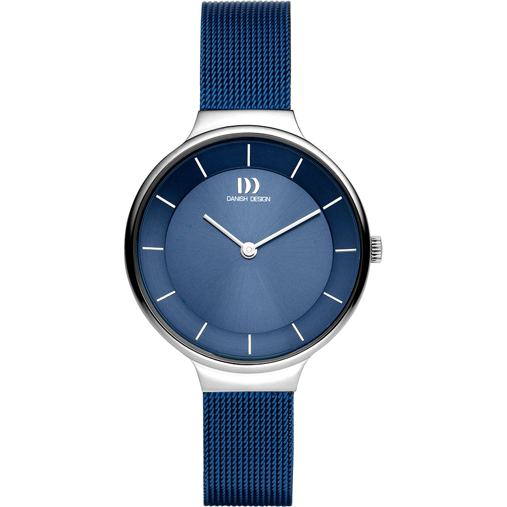 Blauw horloge met een ronde wijzerplaat, zilveren kast en een mesh-band.