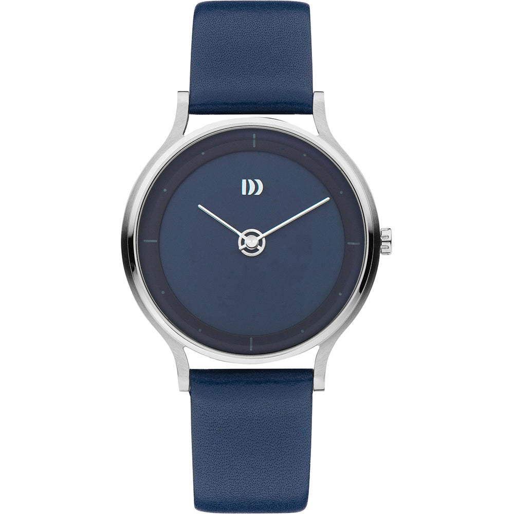 Blauw horloge met een ronde wijzerplaat, zilveren kast en een leren band.