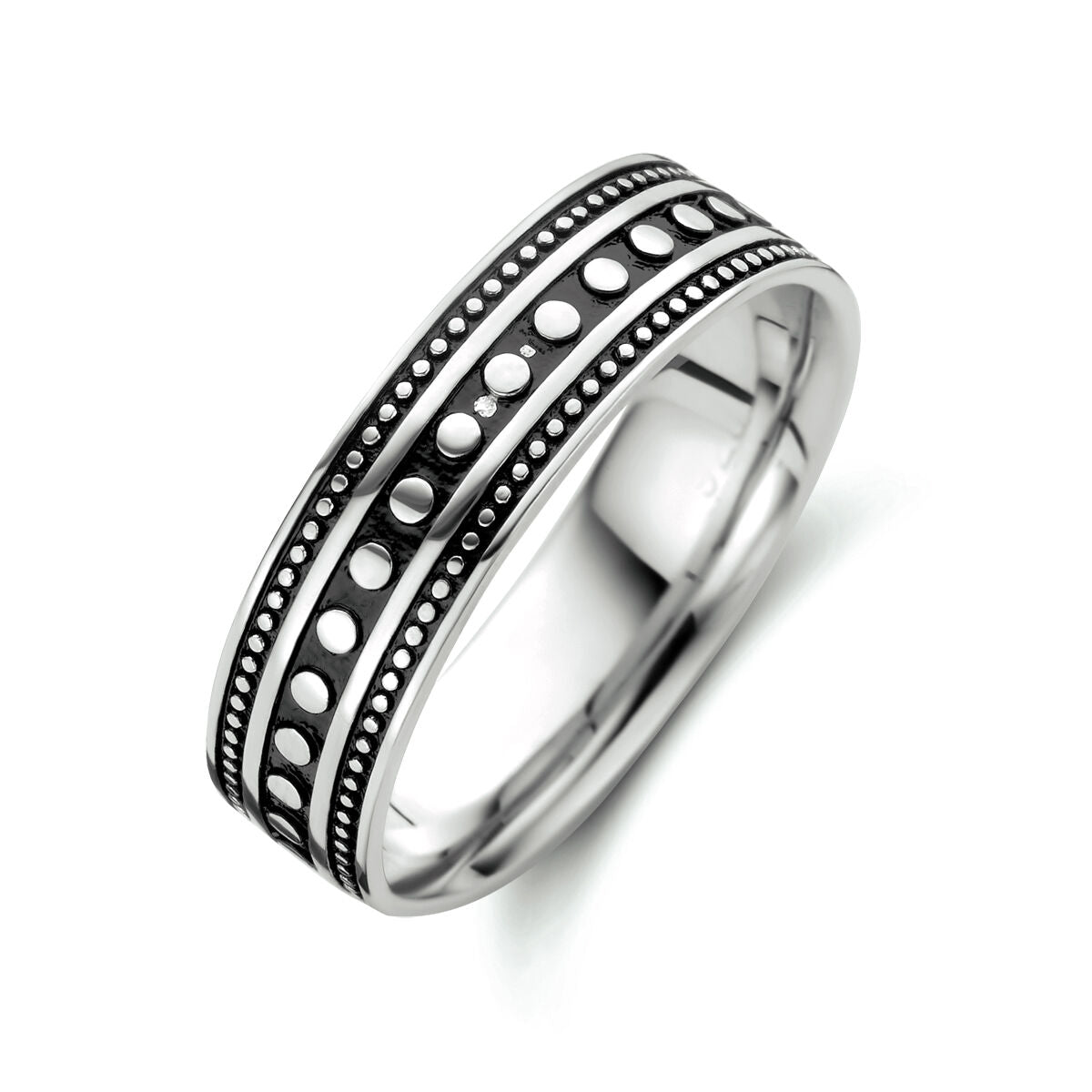 Zilveren ring met geoxideerde afwerking en decoratieve bollen in een gestreept patroon.