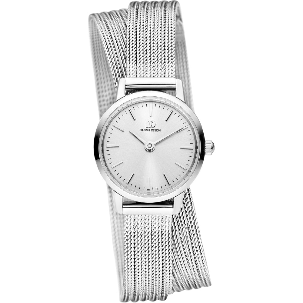 Zilveren horloge met een ronde wijzerplaat en een mesh-band.