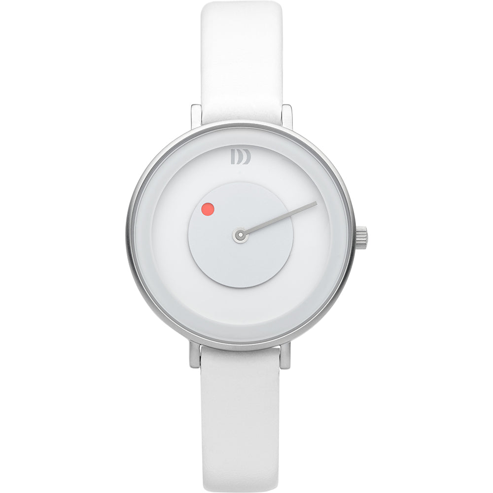 Dames horloge met witte wijzerplaat, ronde kast, zilveren details en een witte leren band.